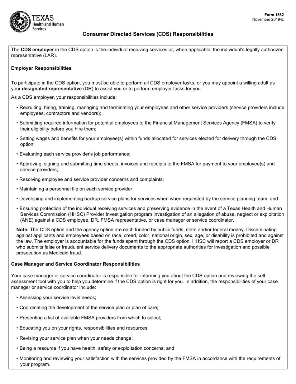 Form 1582 Consumer Directed Services Responsibilities - Texas, Page 1