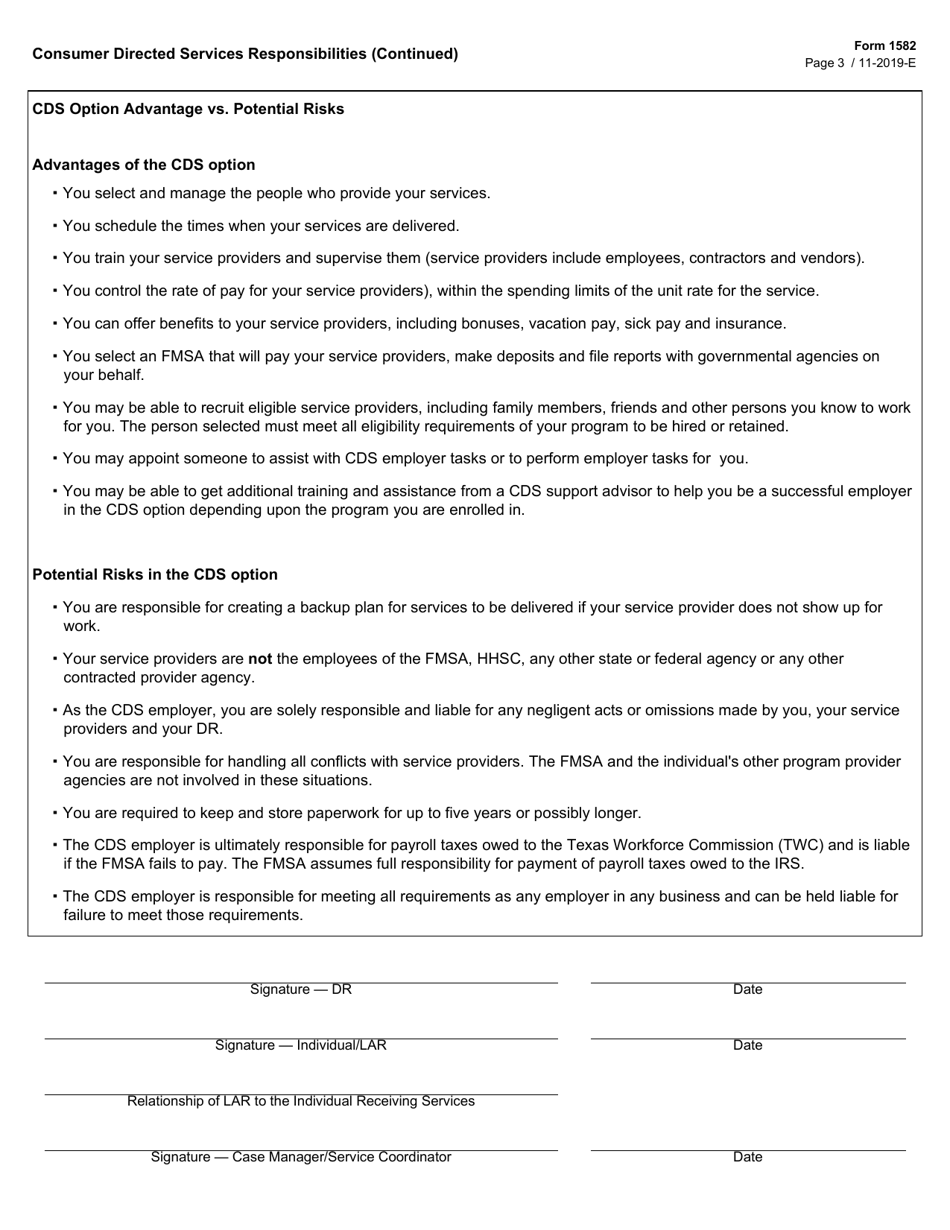 Form 1582 Consumer Directed Services Responsibilities - Texas, Page 3