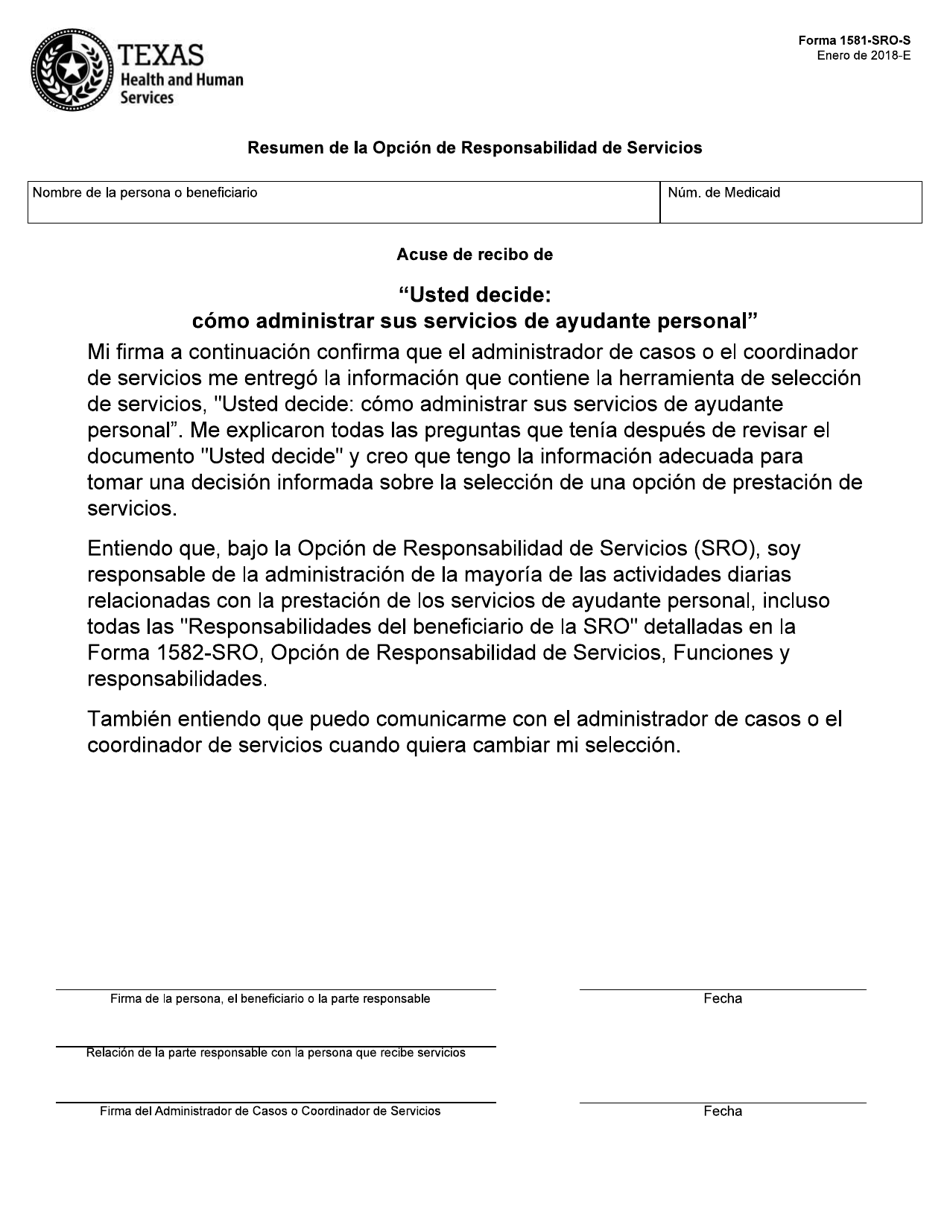 Formulario 1581-SRO-S Resumen De La Opcion De Responsabilidad De Servicios - Texas (Spanish), Page 1