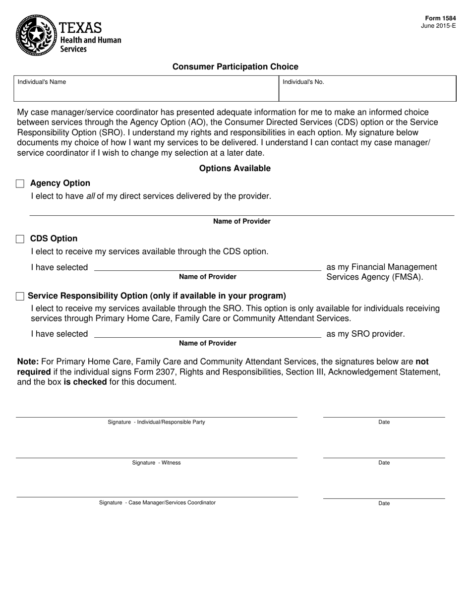 Form 1584 Consumer Participation Choice - Texas, Page 1