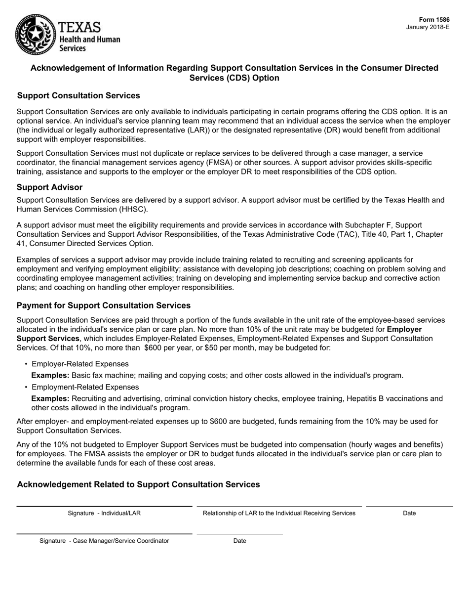 Form 1586 Acknowledgement of Information Regarding Support Consultation Services in the Consumer Directed Services (Cds) Option - Texas, Page 1