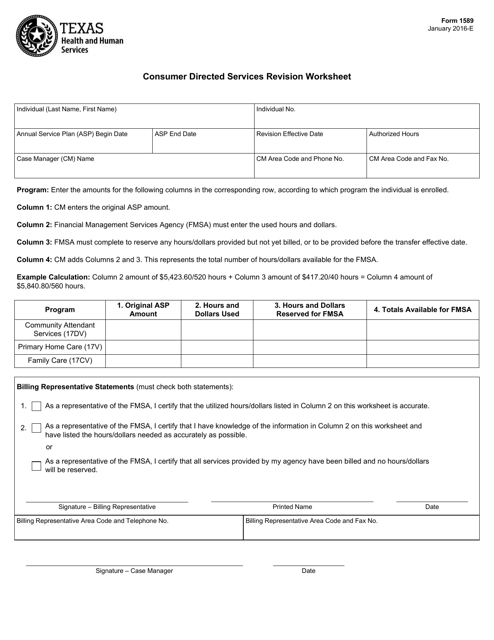 Form 1589 Consumer Directed Services Revision Worksheet - Texas