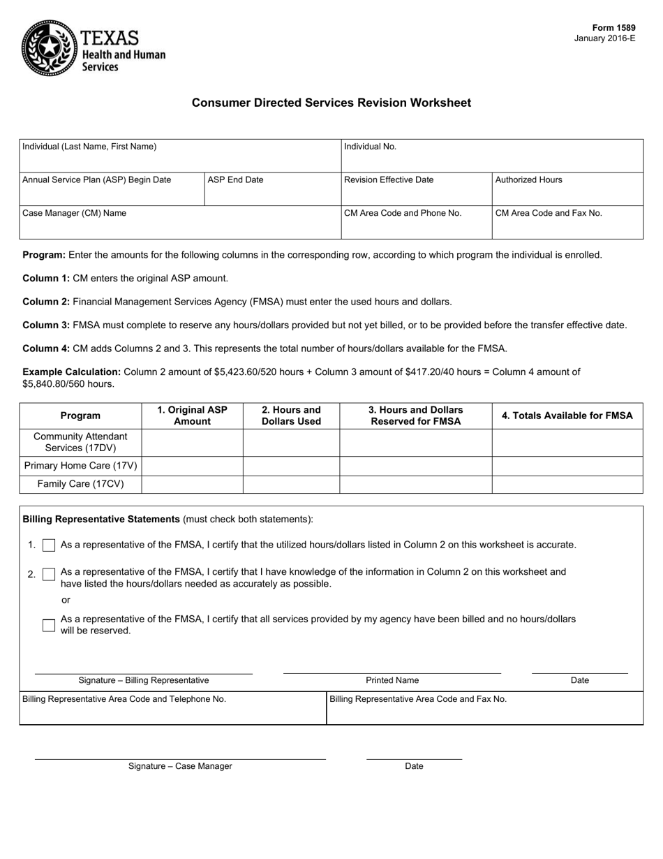 Form 1589 Consumer Directed Services Revision Worksheet - Texas, Page 1