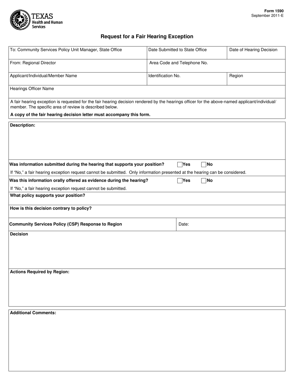 Form 1590 Request for a Fair Hearing Exception - Texas, Page 1