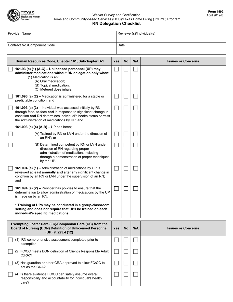 Form 1592 Rn Delegation Checklist - Texas, Page 1