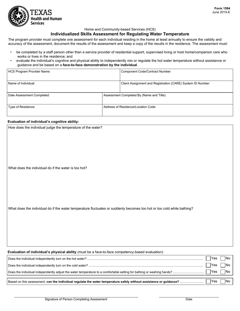 Form 1594 Individualized Skills Assessment for Regulating Water Temperature - Texas, Page 1