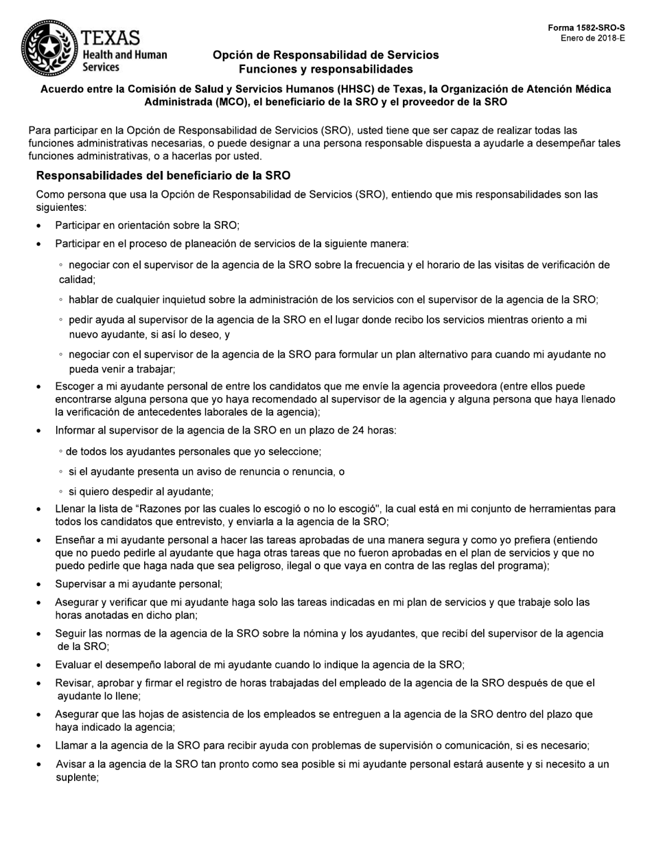 Formulario 1582-SRO-S Opcion De Responsabilidad De Servicios Funciones Y Responsabilidades - Texas (Spanish), Page 1