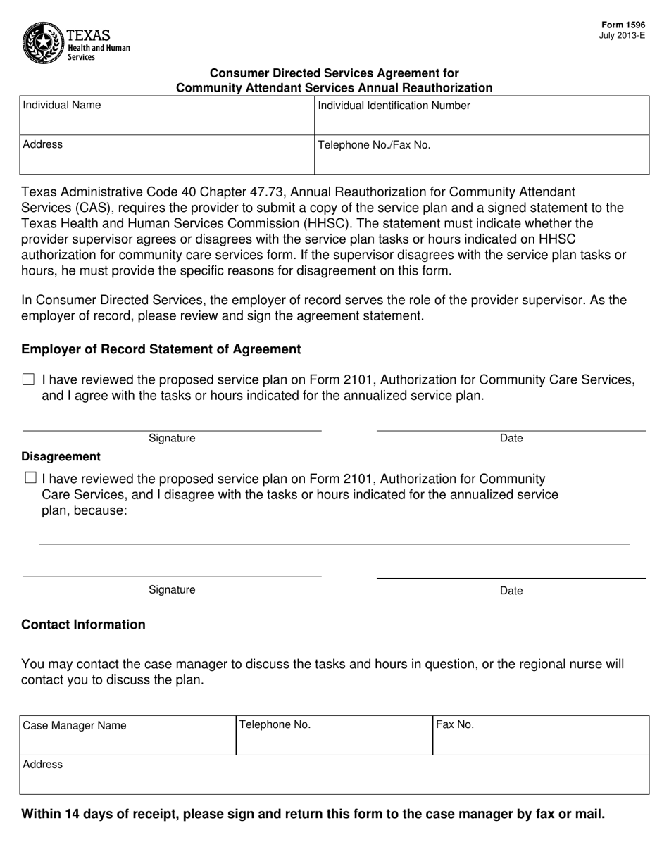 Form 1596 Consumer Directed Services Agreement for Community Attendant Services Annual Reauthorization - Texas, Page 1