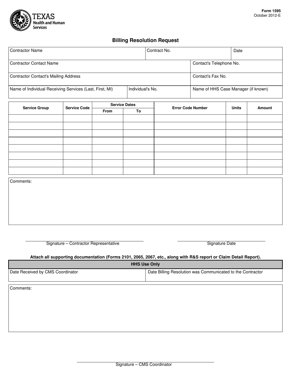 Form 1595 Billing Resolution Request - Texas, Page 1