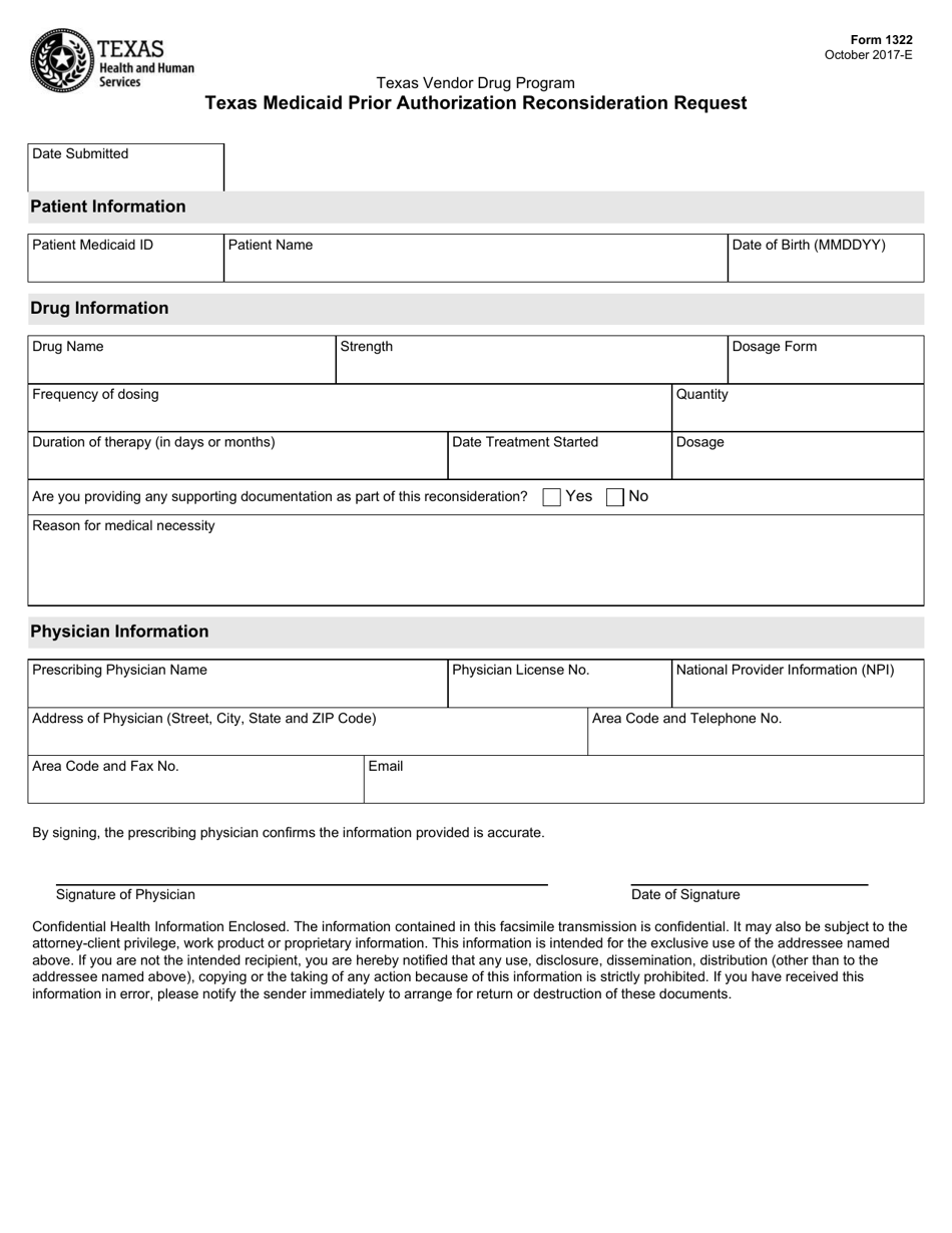 Form 1322 Texas Medicaid Prior Authorization Reconsideration Request - Texas, Page 1