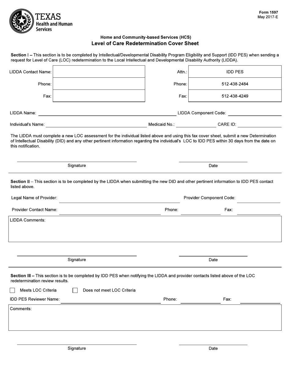 Form 1597 Level of Care Redetermination Cover Sheet - Texas, Page 1