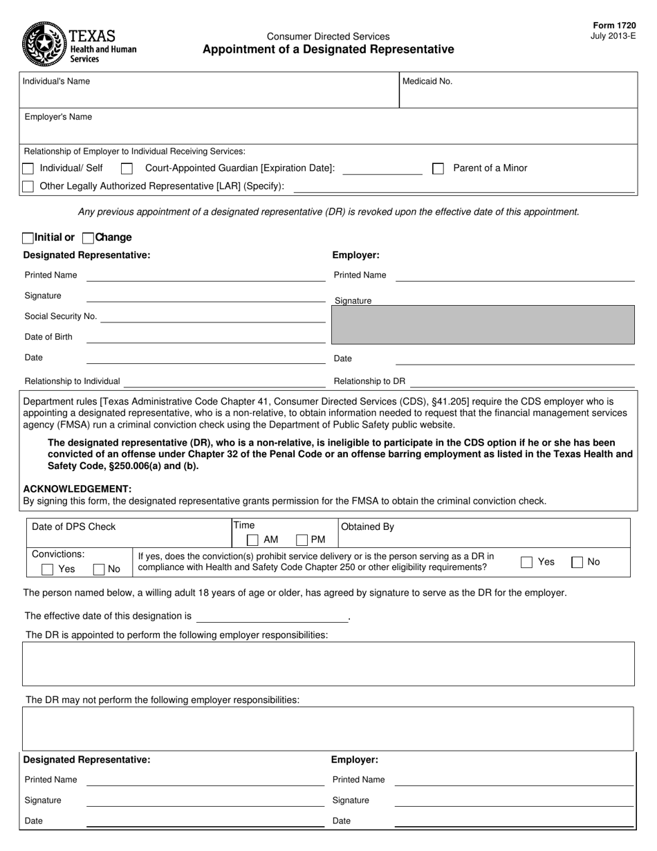 Form 1720 Appointment of a Designated Representative - Texas, Page 1