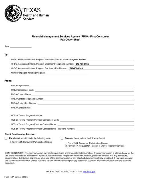 Form 1587 Financial Management Services Agency (Fmsa) First Consumer Fax Cover Sheet - Texas