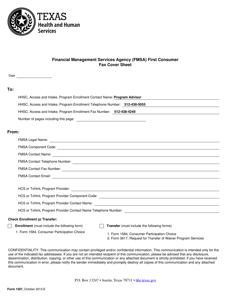 Form 1587 Download Fillable PDF or Fill Online Financial Management  Services Agency (Fmsa) First Consumer Fax Cover Sheet Texas | Templateroller