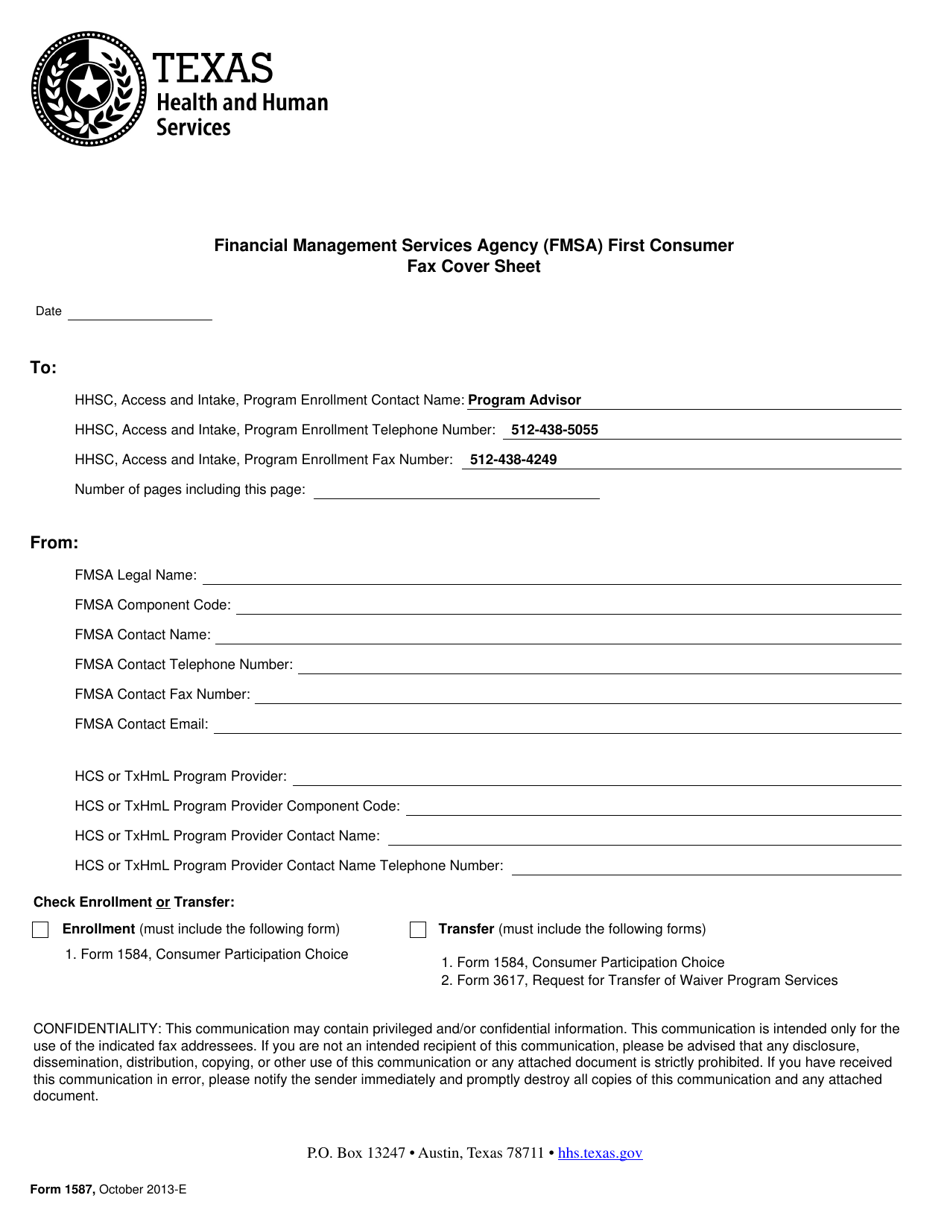 Form 1587 Financial Management Services Agency (Fmsa) First Consumer Fax Cover Sheet - Texas, Page 1