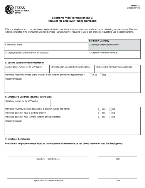 Form 1723 Electronic Visit Verification (Evv) Request for Employer Phone Number(S) - Texas