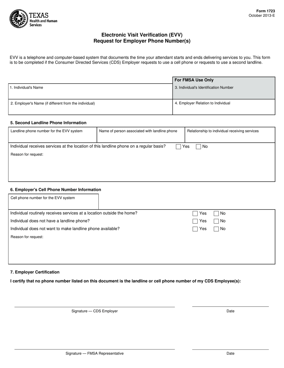 Form 1723 Electronic Visit Verification (Evv) Request for Employer Phone Number(S) - Texas, Page 1