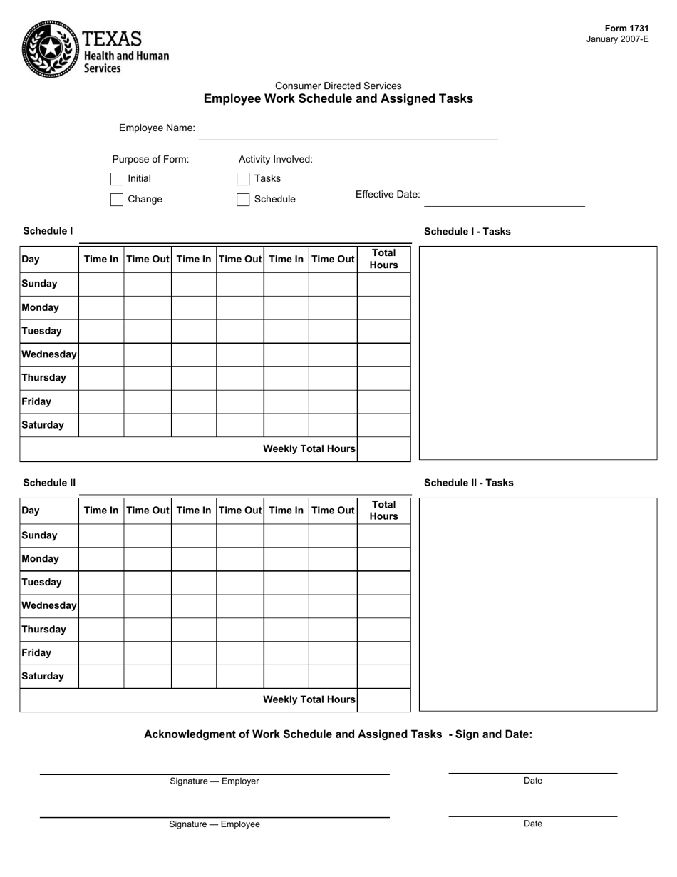 Form 1731 Employee Work Schedule and Assigned Tasks - Texas, Page 1