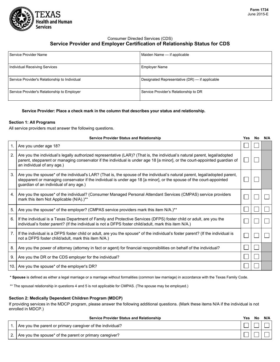Form 1734 Service Provider and Employer Certification of Relationship Status for Cds - Texas, Page 1