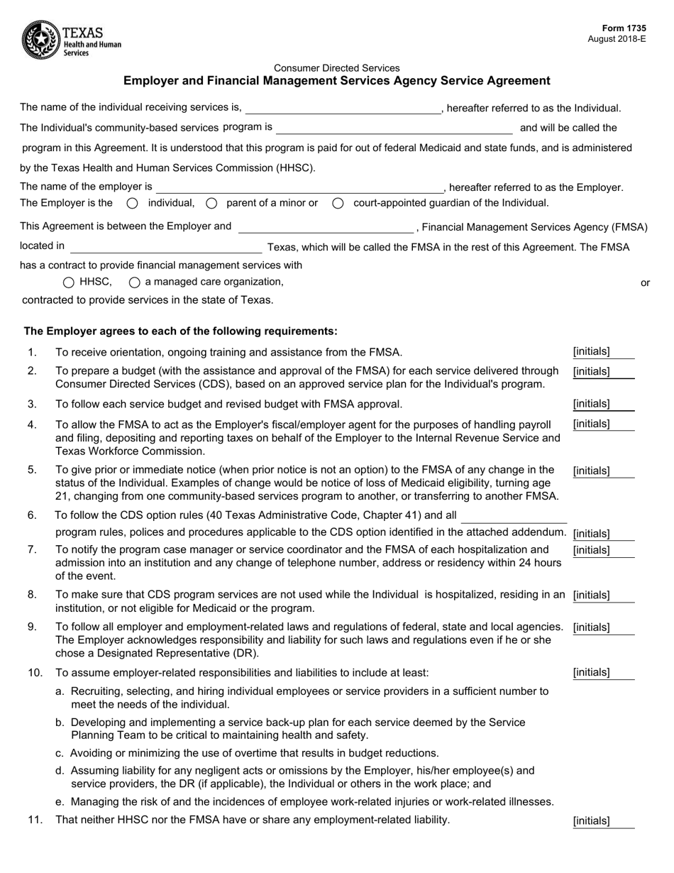 Form 1735 Employer and Financial Management Services Agency Service Agreement - Texas, Page 1