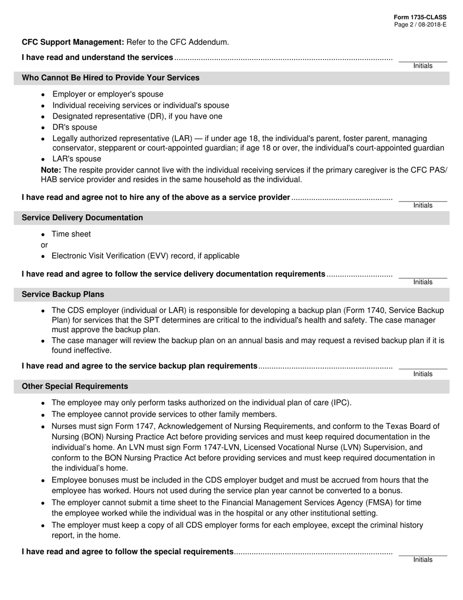 Form 1735-CLASS Service Provision Requirements Addendum - Community Living Assistance and Support Services (Class) - Texas, Page 2