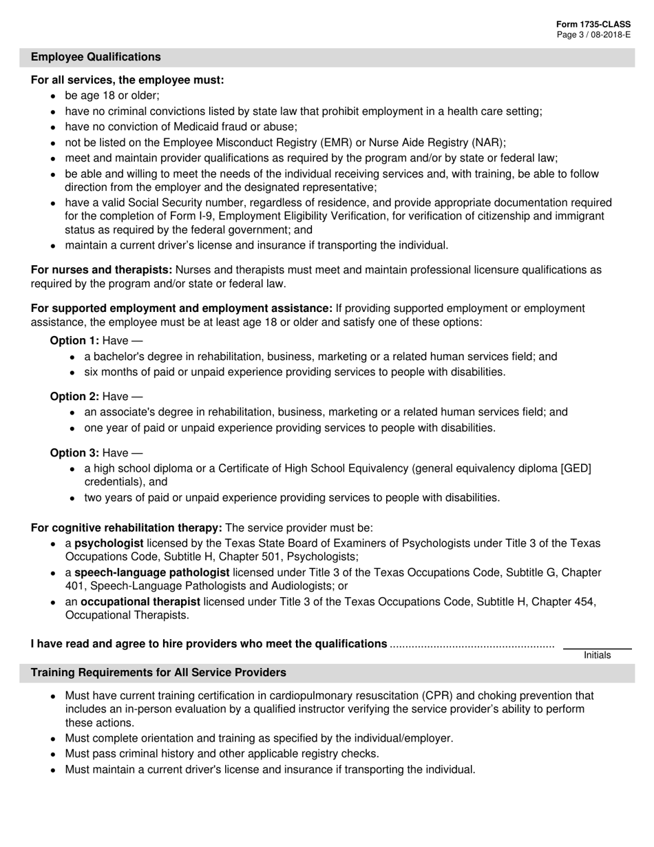 Form 1735-CLASS Service Provision Requirements Addendum - Community Living Assistance and Support Services (Class) - Texas, Page 3
