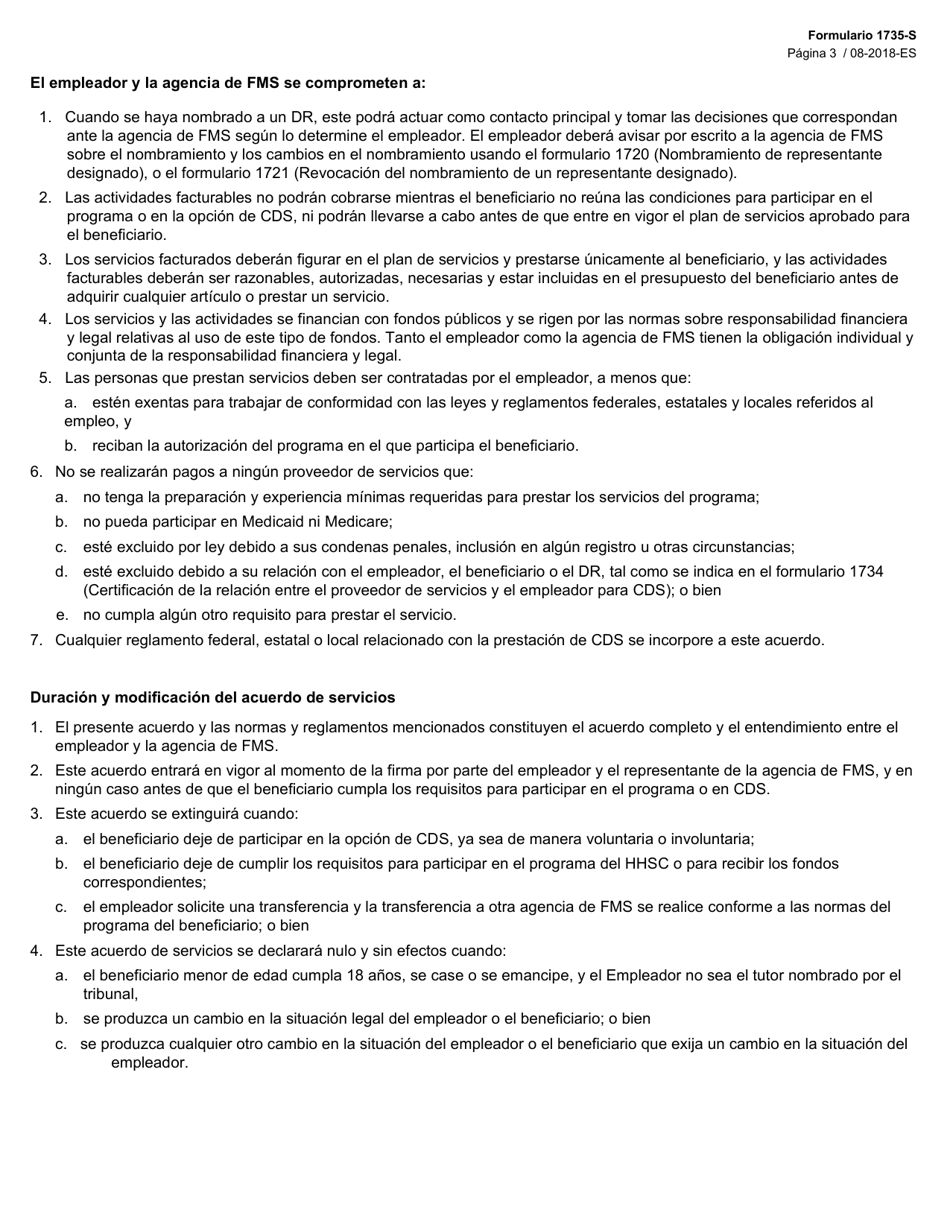 Formulario 1735-S Acuerdo De Servicios Entre El Empleador Y La Agencia De Servicios De Administracion Financiera - Texas (Spanish), Page 3