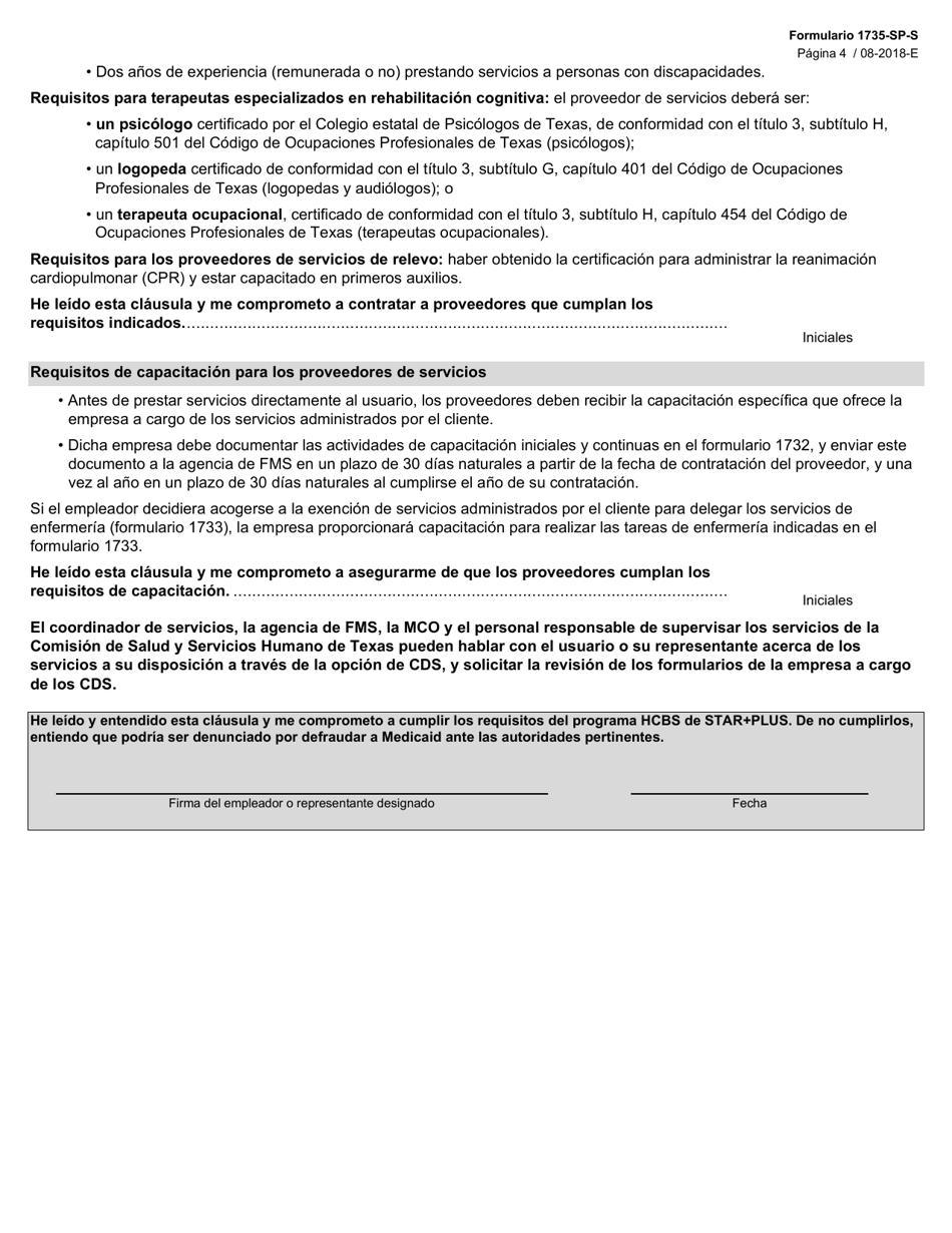 Formulario 1735-SP-S Apendice a Los Requisitos De Prestacion De Servicios - Programa De Servicios Comunitarios a Domicilio De Star+plus - Texas (Spanish), Page 4