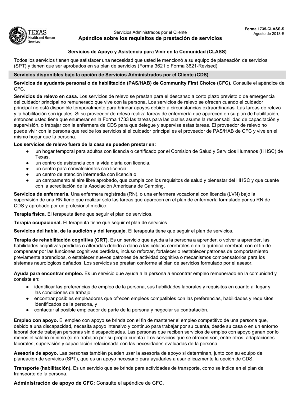 Formulario 1735-CLASS-S Apendice Sobre Los Requisitos De Prestacion De Servicios - Servicios De Apoyo Y Asistencia Para Vivir En La Comunidad (Class) - Texas (Spanish), Page 1