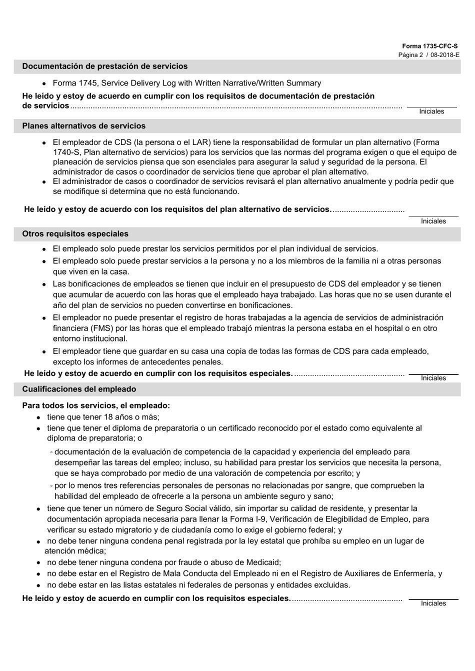 Formulario 1735-CFC-S Apendice Sobre Los Requisitos De Prestacion De Servicios - Community First Choice (Cfc) - Texas (Spanish), Page 2