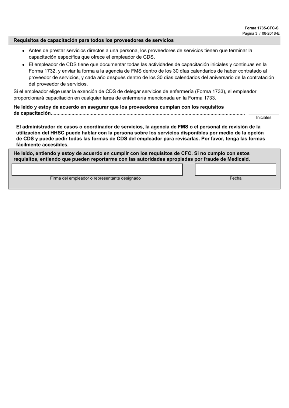 Formulario 1735-CFC-S Apendice Sobre Los Requisitos De Prestacion De Servicios - Community First Choice (Cfc) - Texas (Spanish), Page 3