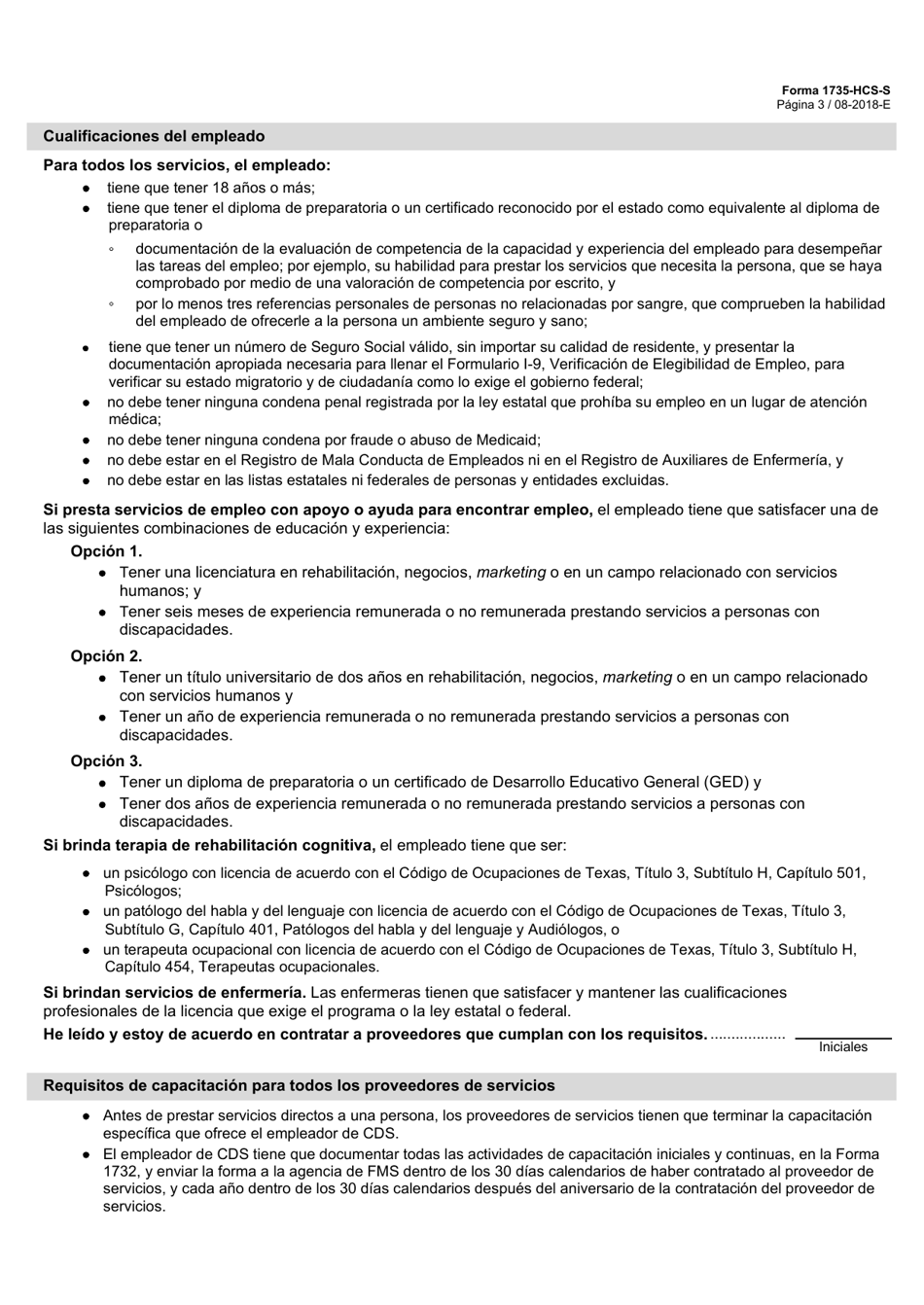 Formulario 1735-HCS-S Apendice Sobre Los Requisitos De Prestacion De Servicios - Programa De Servicios En El Hogar Y En La Comunidad (Hcs) - Texas (Spanish), Page 3