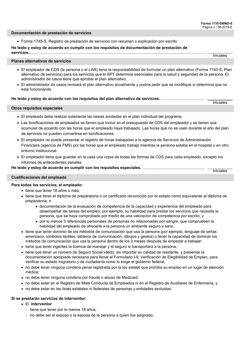 Formulario 1735-DBMD-S Apendice Sobre Los Requisitos De Prestacion De Servicios - Personas Sordociegas Con Discapacidades Multiples (Dbmd) - Texas (Spanish), Page 2