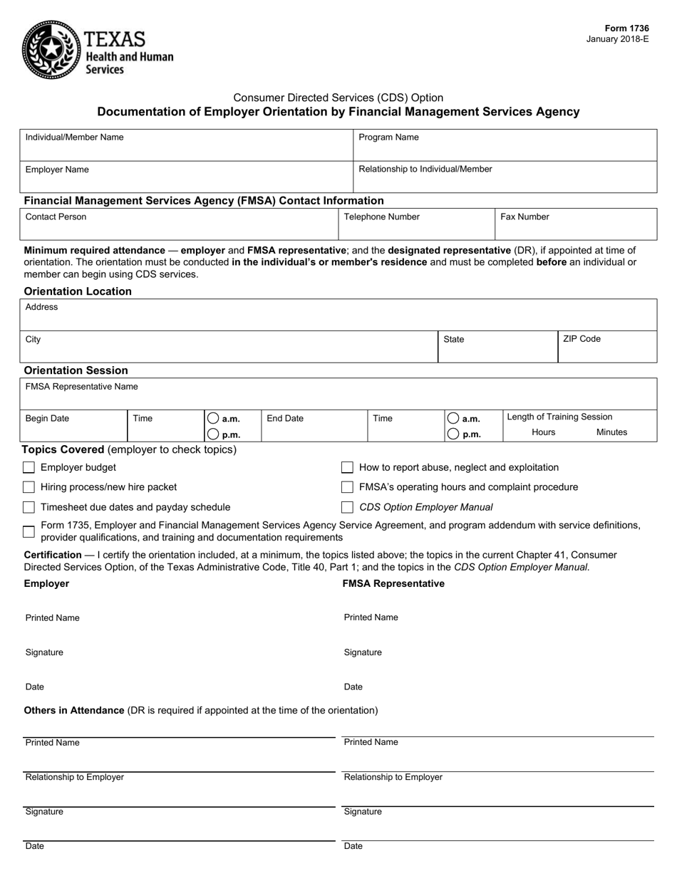 Form 1736 Documentation of Employer Orientation by Financial Management Services Agency - Texas, Page 1