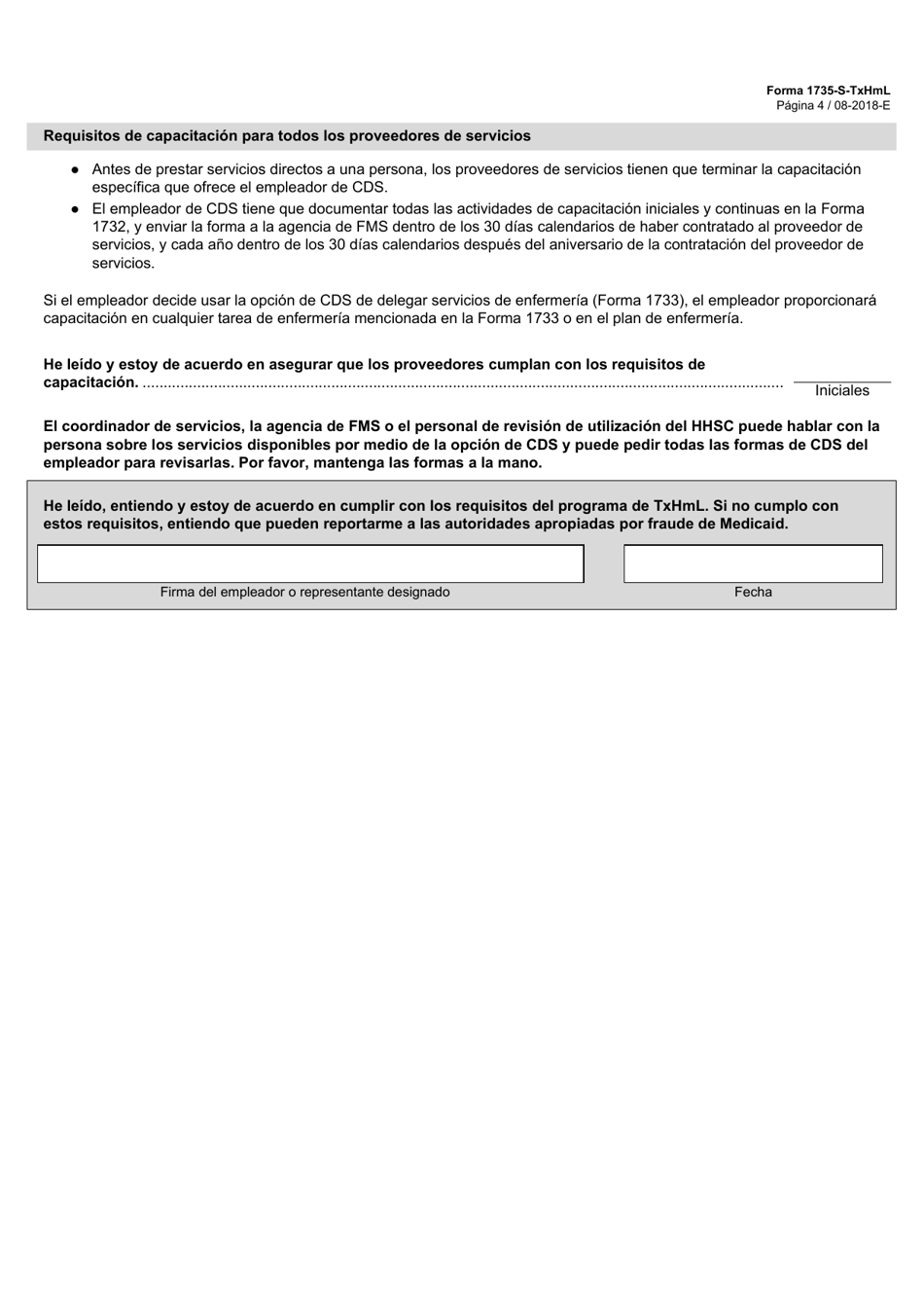 Formulario 1735-S-TXHML Apendice Sobre Los Requisitos De Prestacion De Servicios - Programa De Texas Para Vivir En Casa (Txhml) - Texas (Spanish), Page 4