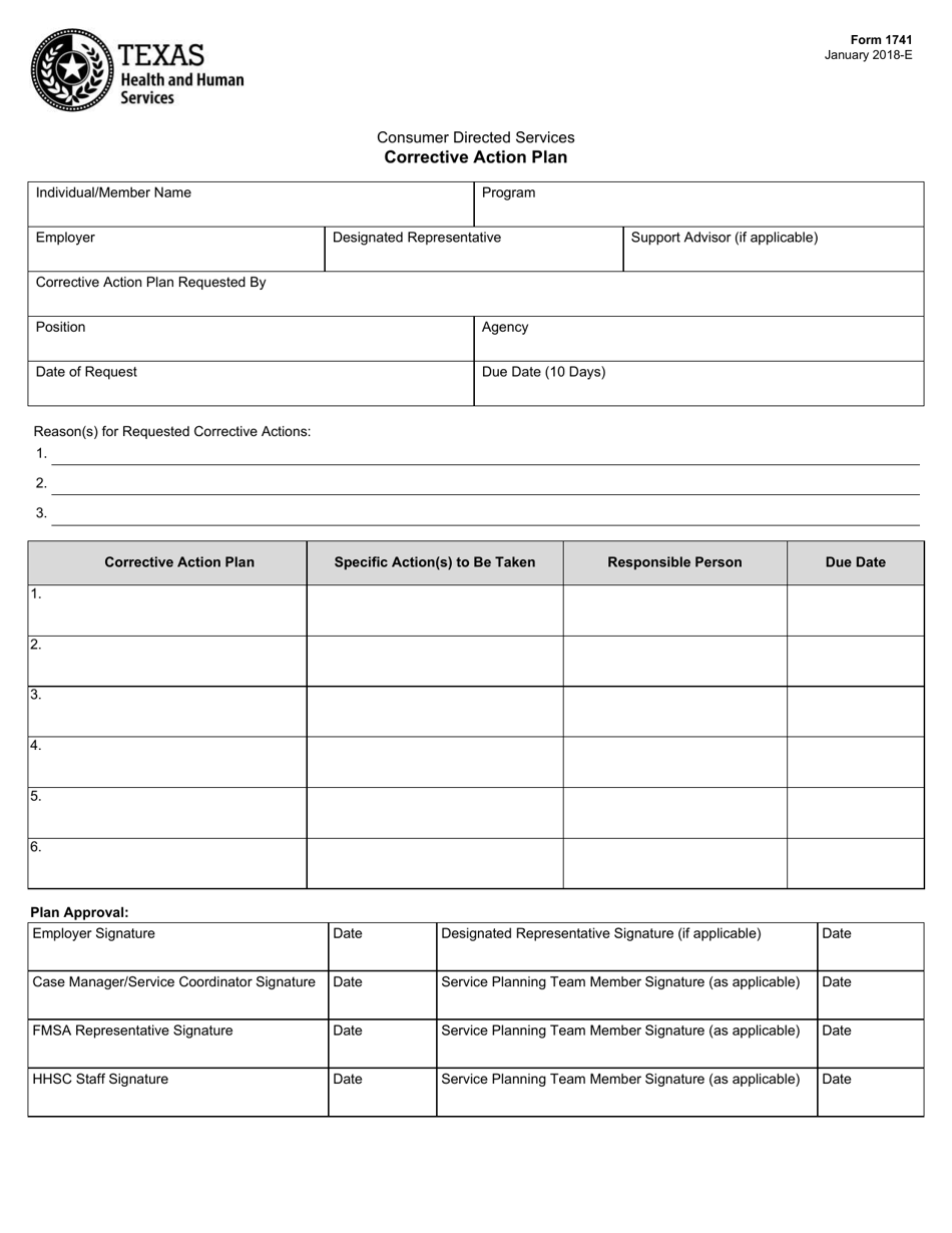 Form 1741 Consumer Directed Services Corrective Action Plan - Texas, Page 1