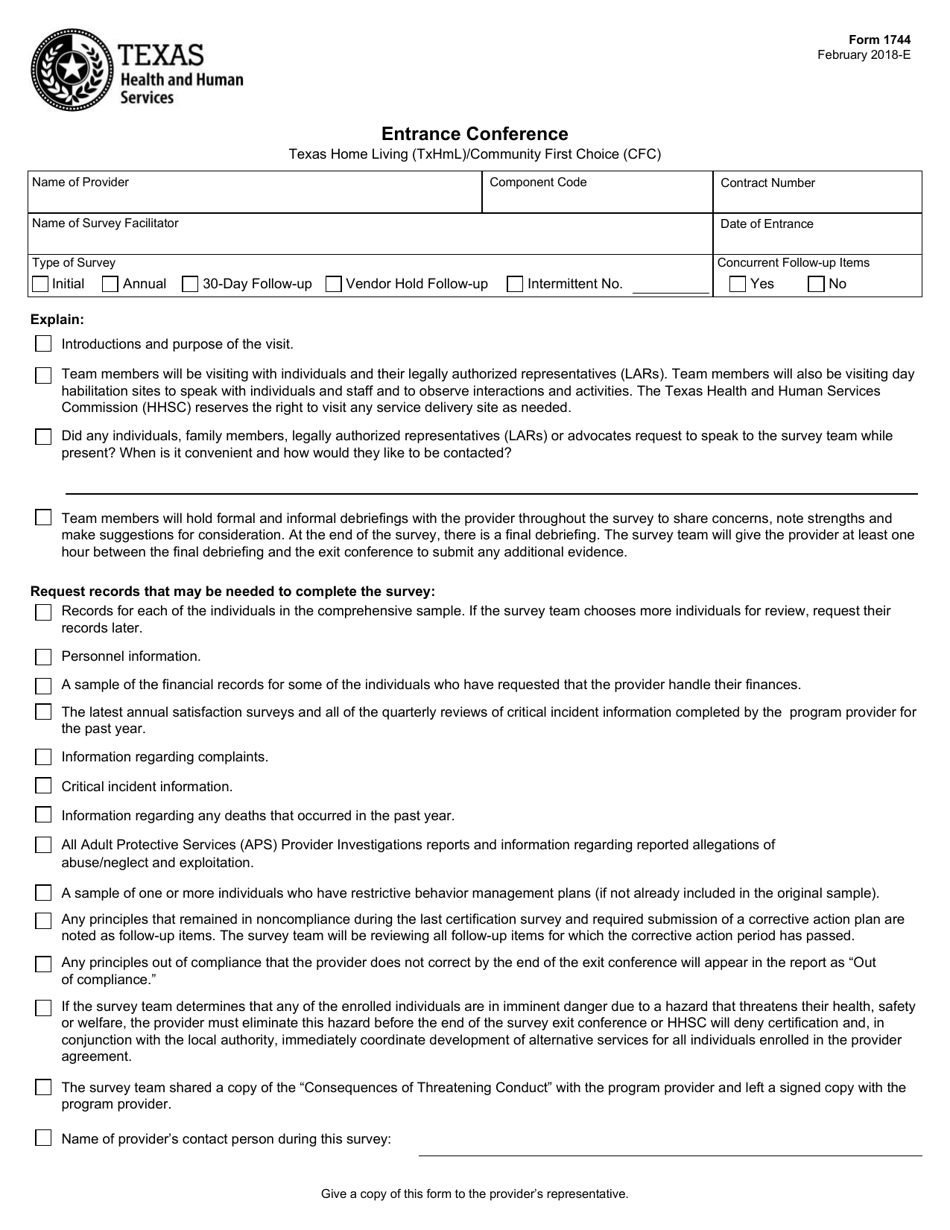 Form 1744 Texas Home Living (Txhml) / Community First Choice (Cfc) Entrance Conference - Texas, Page 1