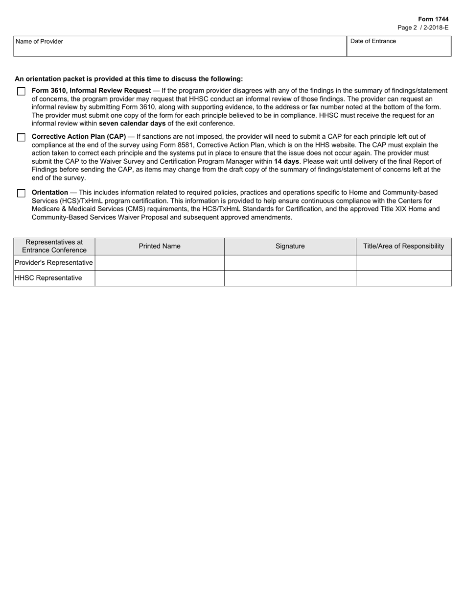 Form 1744 Texas Home Living (Txhml) / Community First Choice (Cfc) Entrance Conference - Texas, Page 2