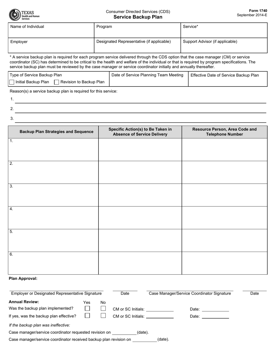 Form 1740 Service Backup Plan - Texas, Page 1