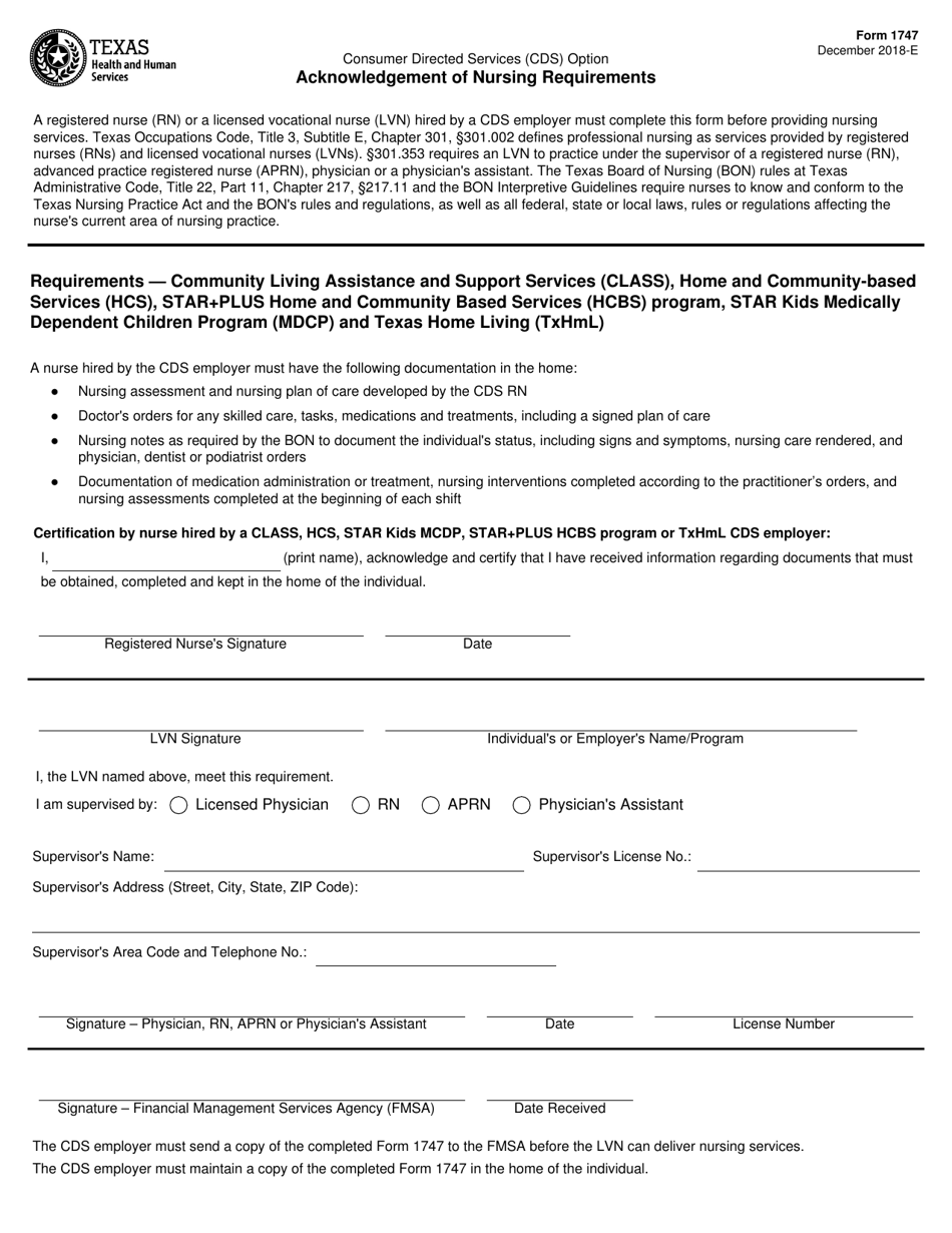 Form 1747 Acknowledgement of Nursing Requirements - Texas, Page 1