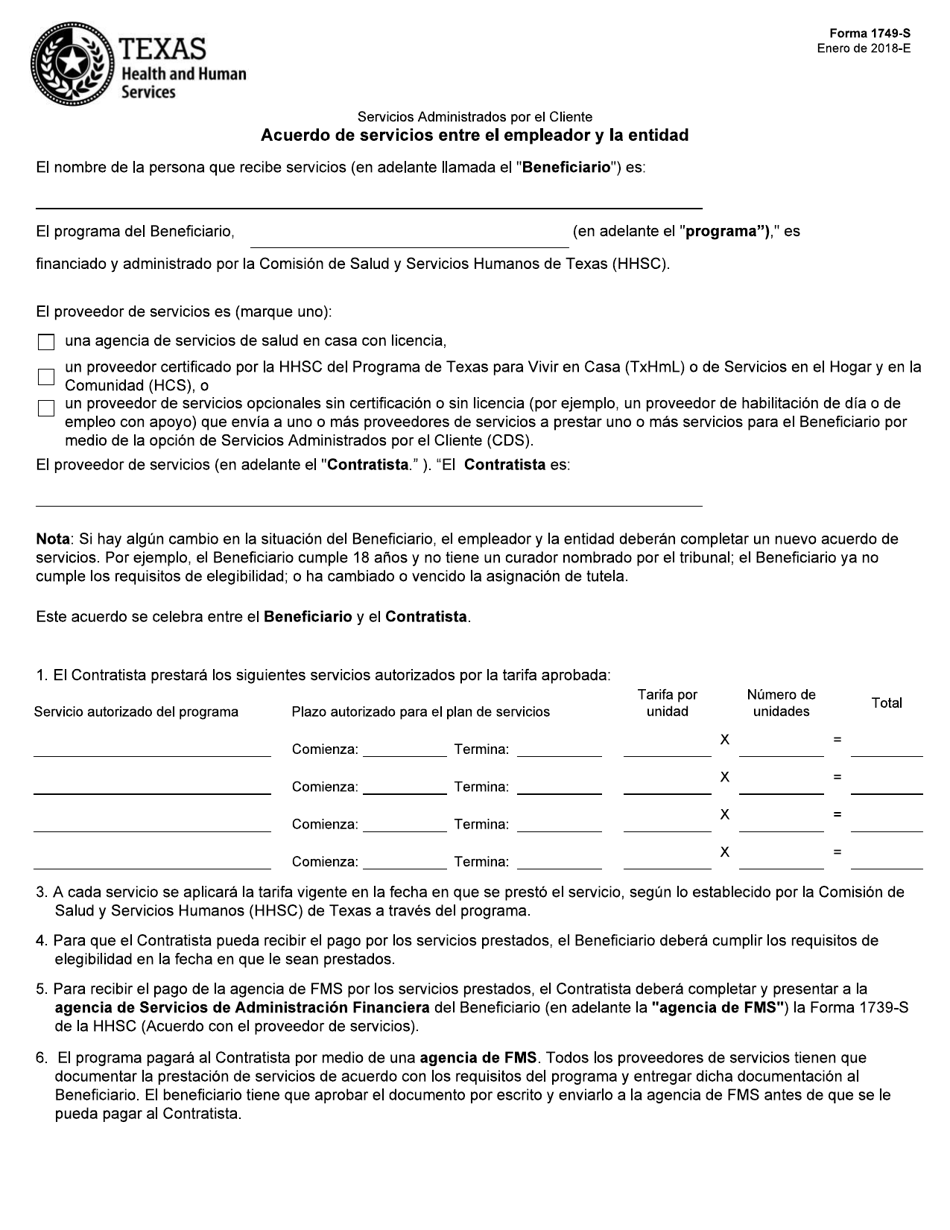 Formulario 1749-S Acuerdo De Servicios Entre El Empleador Y La Entidad - Texas (Spanish), Page 1