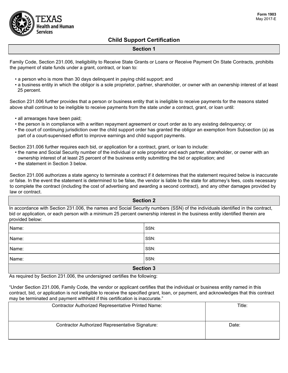 Form 1903 Child Support Certification - Texas, Page 1