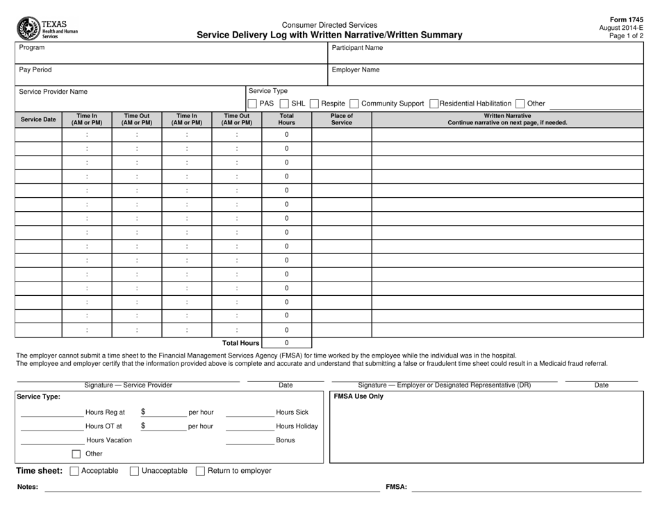 Form 1745 Service Delivery Log With Written Narrative/Written Summary - Texas, Page 1