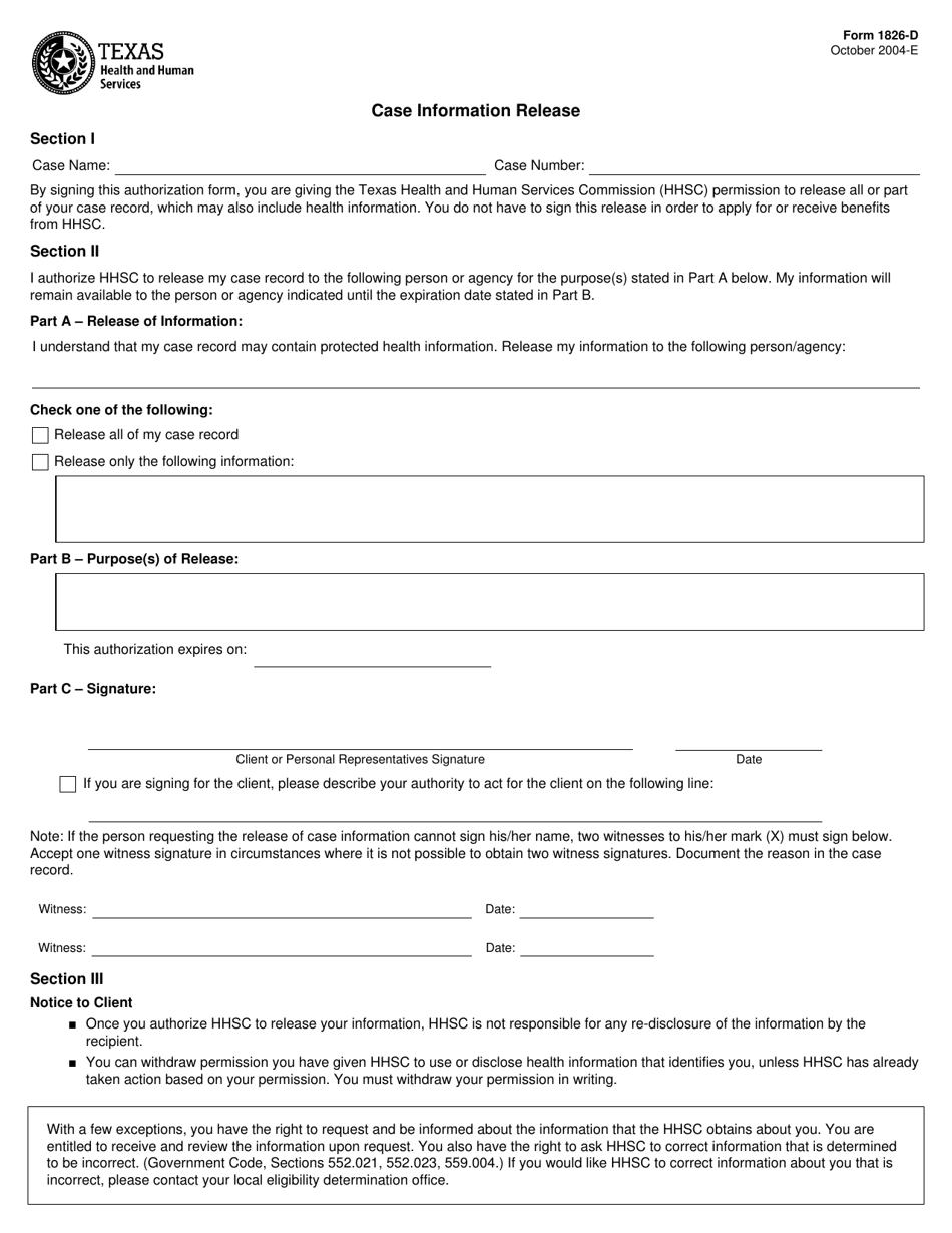 Form 1826-D Case Information Release - Texas, Page 1