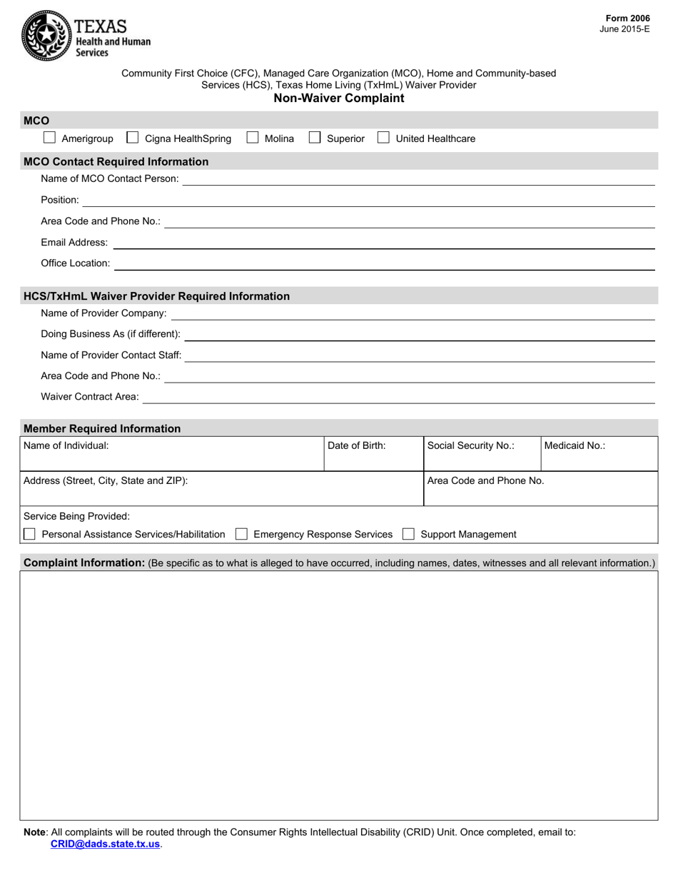 Form 2006 Community First Choice (Cfc), Managed Care Organization (Mco), Home and Community-Based Services (Hcs), Texas Home Living (Txhml) Waiver Provider Non-waiver Complaint - Texas, Page 1