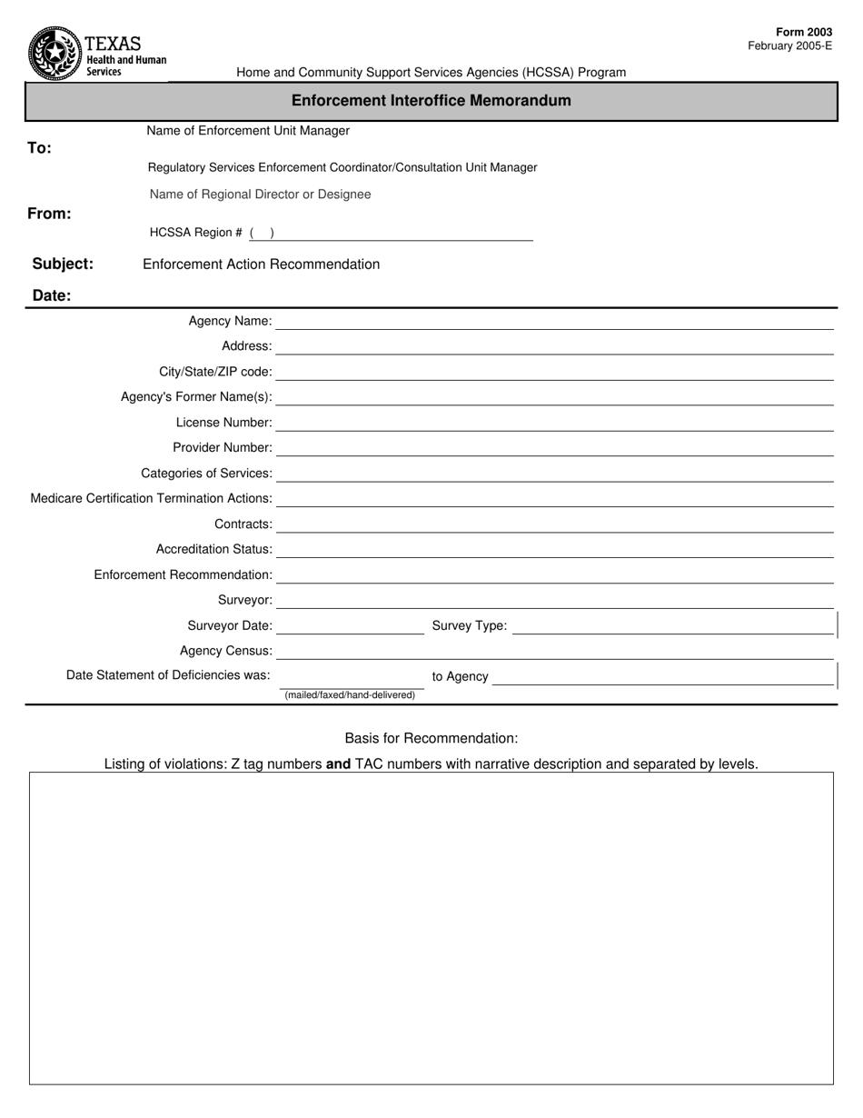 Form 2003 Enforcement Interoffice Memorandum - Texas, Page 1