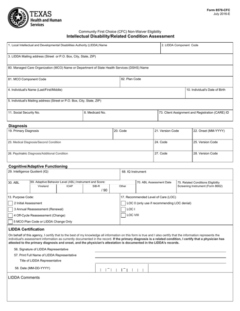 Form 8578-CFC Community First Choice (Cfc) Non-waiver Eligibility Intellectual Disability/Related Condition Assessment - Texas