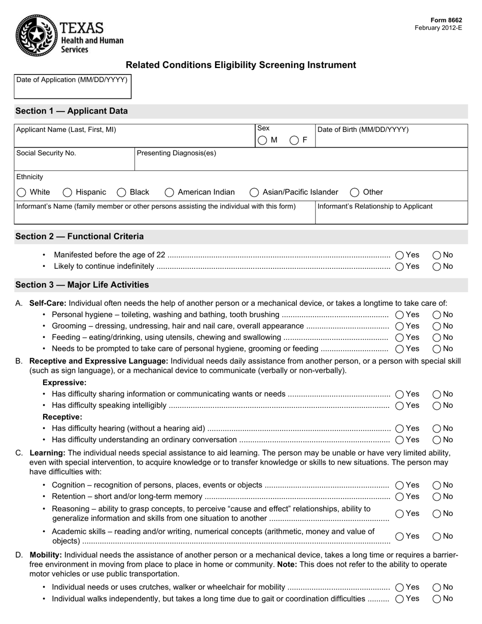 Form 8662 Related Conditions Eligibility Screening Instrument - Texas, Page 1