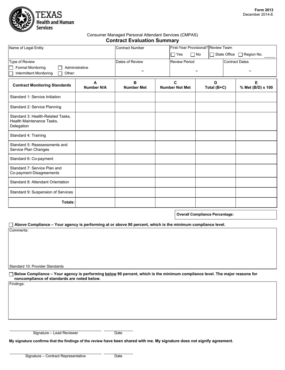 Form 2013 Consumer Managed Personal Attendant Services (Cmpas) Contract Evaluation Summary - Texas, Page 1