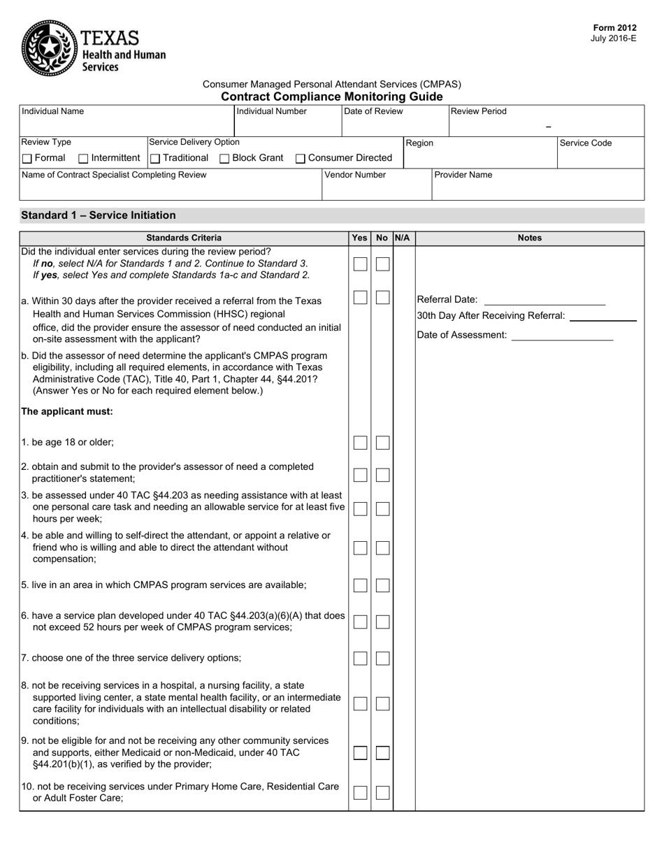 Form 2012 Consumer Managed Personal Attendant Services (Cmpas) Contract Compliance Monitoring Guide - Texas, Page 1